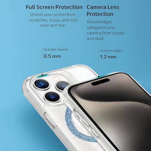 Image of AIBEX Back Cover Case Compatible with iPhone 15 Pro | Glitter Ring Cute Shiny Colorful Bling Case (Compatible with Magsafe) | Transparent PC+TPU Glossy Shiny Cover for Girls & Women - Blue