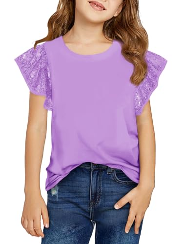 Lista de Blusas de Moda para Niña los más recomendados. 44 Haloumoning - Camisetas de manga corta con volantes para niñas, estilo informal, con cuello redondo, blusas de 5 a 14 años, Púrpura claro, 13-14 Años