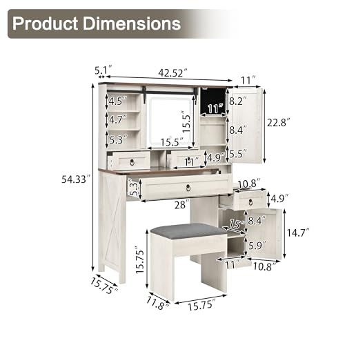 Image of JIVOIT Farmhouse Vanity Desk with Sliding Mirror, Vanity Set with Stool, Dressing Table with 4 Drawers and 2 Cabinets, Glass Top, Side Hooks & Cup Holder, Easy Assembly (White,37)