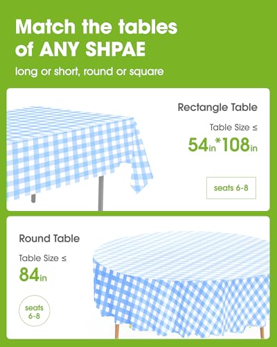 Image of Pureegg Plastic Table Cloth Disposable 8 Pack, 54 x 108 Inch Table Cloths, Party, Picnic, Decorative Gingham Tablecloths, Rectangle, Blue and White Checkered Cover, Leakproof & Sturdy, Blue Plaid