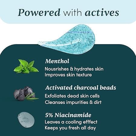 PB 3 in 1 Act.ion Char.Coal & Men.thol Bo.dy Wa.sh | Wi.th Men.thol, 5% Niacin.Amide & Activ.ated Char.Coal Bea.ds | F.or Inst.ant Coo.ling, Od.or Prote.ction & Impr.oves Sk.in tex.ture | 250ml