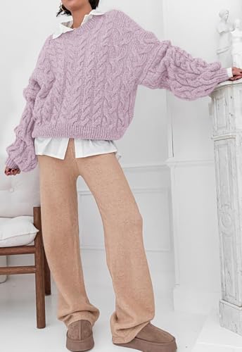 Image of PRETTYGARDEN Womens Sweaters Spring 2026 Cable Knit Long Sleeve Crewneck Oversized Sweater Chunky Pullover Loose Outfits