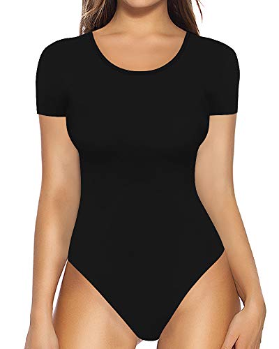 MANGOPOP Women's Round Collar Short Sleeve Long Sleeve Tops T Shirt Bodysuit (A Short Sleeve Black, Medium)