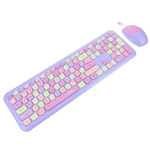 FELTECHELECTR Teclado y Ratón Inalámbricos Morados Multicolor para Oficina y Escuela Conjunto sin Batería Diseño Compacto y Compatible PC Portátil y Tabletas Adecuado para Trabajo y Estudio