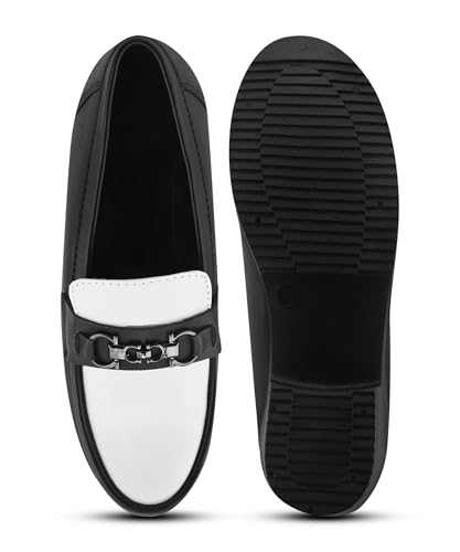 Image of JM LOOKS Elegant Two-Tone Slip-On Loafers with Block Heel and Sophisticated Metallic Bit Ornament for Formal Wear