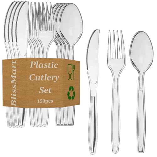 BlissMart 150 Pcs Heavy Duty Clear Plastic Cutlery Set Premium Quality Washable & Reusable 50 Spoons 50 Forks 50 Knives Set Perfect for for All Occasion Birthday Parties Weddings Camping
