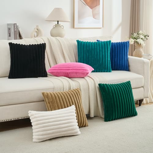FUTEI Cream White Striped Decorative Throw Pillow Covers 12x20 Inch Set of 2,Rectangle Fall Decorations Couch Lumbar Pillowcase,Soft Cozy Faux Rabbit Fur & Velvet Back,Modern Home Decor for Bed