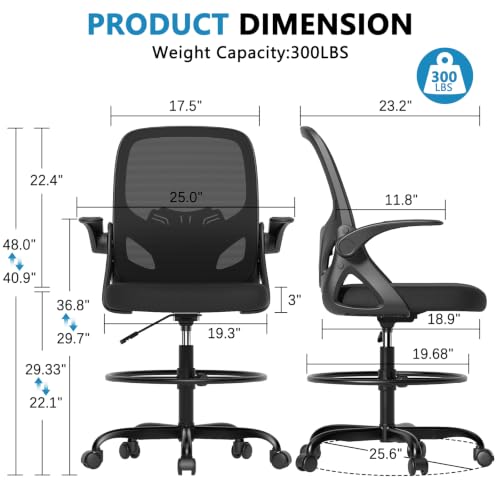 Image of Kensaker Drafting Chair Tall Office Chair, Ergonomic Standing Desk Chair with Adjustable Foot Ring and Flip-up Armrests, Mesh Computer Chair for Art Studio, 300 LBS, Black