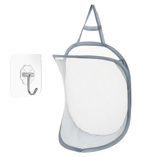 Qianyu Collapsible Laundry Baskets Foldable Popup Mesh Grey Laundry Hamper with Carry Handles Self-Adhesive Hook Small Hanging Space-Saving Clothes Hampers for Washing Dormitory Bathroom Kids Room