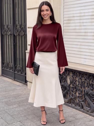 ANRABESS Womens Satin Bell Sleeve Boat Neck Blouse Shirts,Wine Red,M - image 6