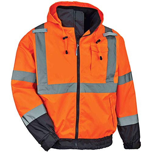 Ergodyne Standard Reflective Winter Bomber Jacket, Zip Out Fleece Liner, Orange, Large