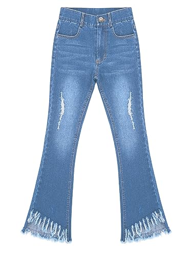 Hularka Kids Girls Ripped Holes Bell Bottom Jeans Juniors Casual Washed Flare Denim Pants Elastic Waist Denim Trousers3