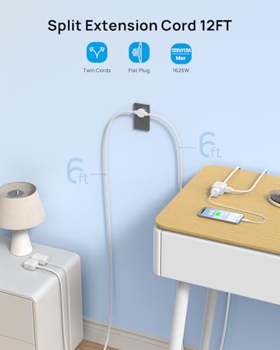 Image of TROND Split Extension Cord with Flat Wall Plug, Twin 6ft Each Side, White | Low-Profile Dual End 3 Outlets Extender, 1625W for Indoors Behind the Middle of Sofa Couch Bed TV Stand, Easy to Hide