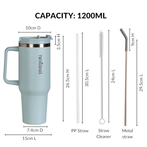 Image of Nestasia GripSip40 Tumbler with Straw & Side Handle 1.2L | Insulated Stainless Steel Sipper Water Bottle for Adults with Dual Flip Opening Sip-Swig Leakproof Lid for Office & Gym (Arctic Blue)