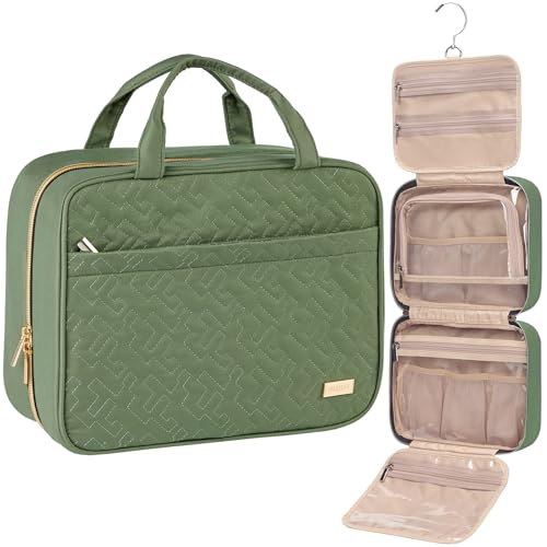 Image of NISHEL Large Double Layer Travel Makeup Bag Women, Cosmetic Case, Organizer for Travel-Size Accessories Bottles, Brushes, Conditioner, and Skin Care Products, Bronze Green