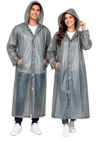SHAGUN MULTICOLOR Unisex Hooded Raincoat with Drawstring, Grey, EVA Material Reusable Lightweight Rain Poncho Jacket for Men and Women, Multicolor (PACK OF 2)-image-18