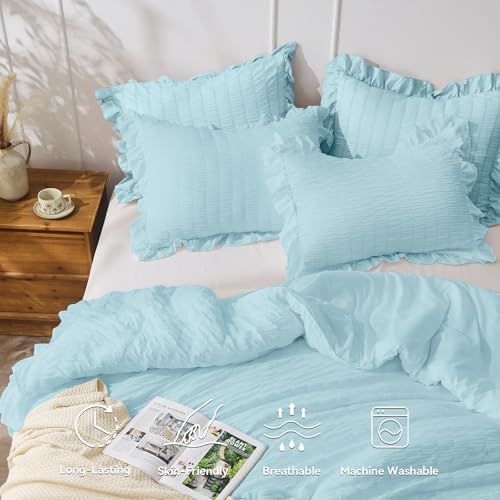 JOLLYVOGUE Light Blue Queen Comforter Set, 3 Pieces Seersucker Comforters Queen Size, Lightweight & Fluffy Bedding Sets for All Season with 1 Ruffle Comforter & 2 Ruffle Pillowshams