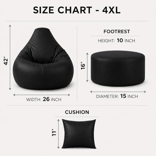 Image of 4XL Tear Drop Bean Bag with Footrest & Cushion | Premium Leatherette Bean Bag Cover | XXXXL Lounger Chair for Living Room | Without Beans | Upto 150 Kg (Black, XXXXL)