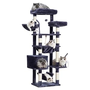 Cat Tree, Cat Tower for Large Cats with 2 Big Platforms, 2 Baskets, condo and Toys, 63″ Cat Scratching Posts for Indoor Cats, Smoky Gray GCT020G