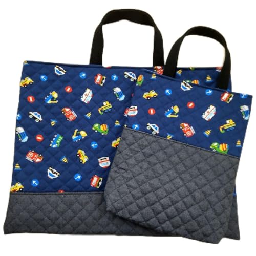 レッスンバッグ シューズケース 2点セット キルティング 紺色 働く車柄