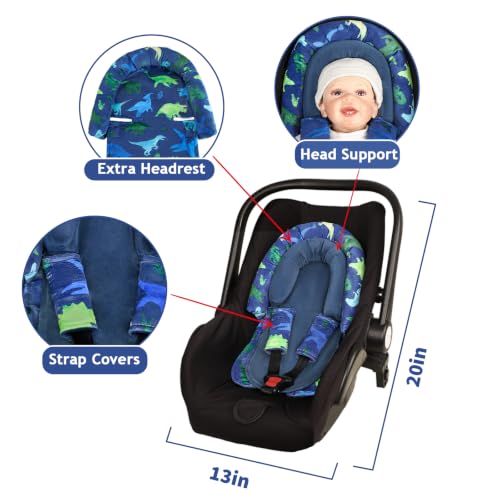Image of TANOFAR Baby Car Seat Head Support with Extra Headrest, 2-in-1 Baby Body Supports with Shoulder Pads Set for Newborn, Adjustable Infant Car Seat Insert Compatible with Stroller, Swing (Blue Dinosaur)