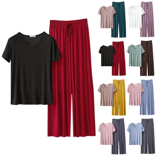 Ropa de dormir para mujer, 2 piezas, algodón, conjunto de manga corta, elegante pijama con cuello en V, camiseta de dormir fina, de modal, ropa de dormir informal de dos piezas, ropa de dormir cómoda