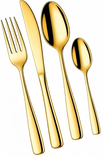 Image of Mirror Polished Gold 24 Pcs Stainless Steel Cutlery Set for Dining Table, Dishwasher Safe Glossy Flatware (6 Spoon Set + 6 Forks Set + 6 Butter Knife + 6 Dessert Spoon)