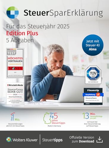 SteuerSparErklärung Plus 2026 I Steuererklärung für das Steuerjahr 2025 mit ELSTER & Datenimport | Inkl. 5 Abgaben & digitaler Steuer-KI Alma | Für Windows & Mac I Aktivierungscode per Email