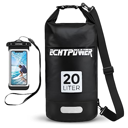 ECHTPower Bolsa Estanca Impermeable 20L, Set de Mochila Impermeable con Funda de Móvil, 100% Impermeable con Doble Correa Bolsa Waterproof para Playa, Surf, Kayak, Senderismo, Camping, Esquí, Pesca