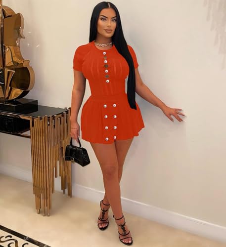 Image of Two Piece Outfits for Women Summer Going Out Knit Crop Tops Pleated Mini Skirt Sets Short Sleeve Mini Dress