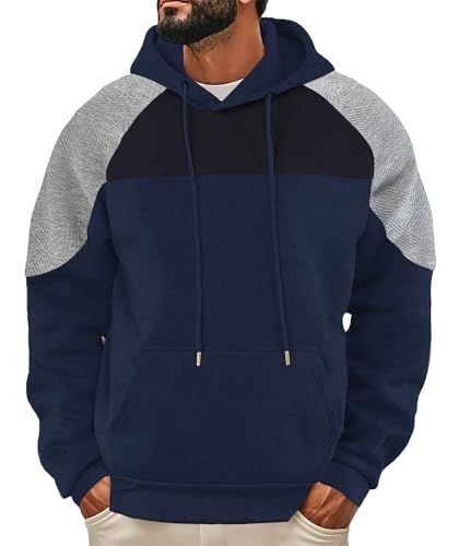 Pullover Hoodies for Men Midweight Loose Patchwork Long Sleeve Hooded Sweatshirt with Pocket