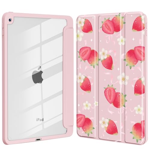 Coque iPad 10,2" rose fraise, le cadeau idéal pour fille avec porte-crayon et support vidéo