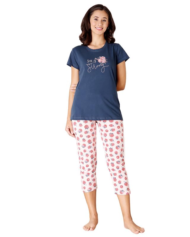 bodycare Women's Cotton Printed T-Shirt and Capri Set | Soft & Breathable Nightwear | Short Sleeves | Loungewear Co-Ord Set BSCS16032-picture-51