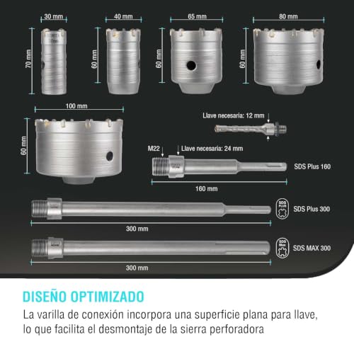 Image of BINOTA 16PCS 30-100 mm (1-3 /16 inch to 3-15 /16 inch) Concrete Hole Saw Kit | Tungsten carbide drill set; SDS-Plus & SDS-Max shanks; Cross-type center drill bit; Dry drilling for concrete /brick /stone