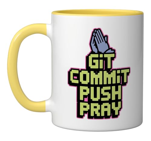 Git Commit Push Pray - Version Control Joke Ceramic Mug, Yellow/White