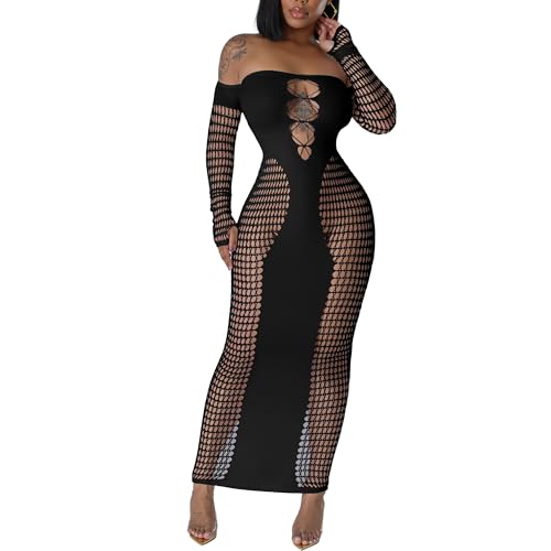 Women's Dress Sexy Club Dress Elegant Long Sleeve Off Shoulder Hollow Out Mesh Bodycon Party Dresses