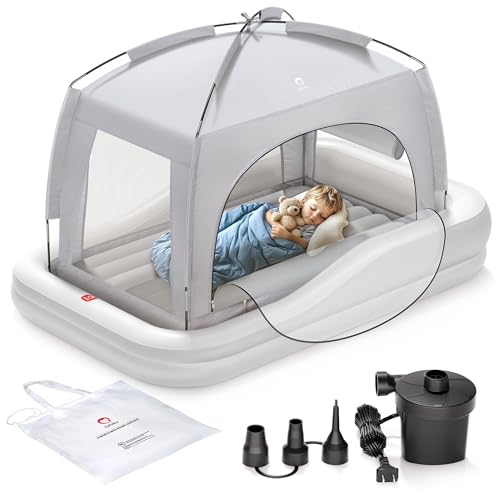 QPAU Inflatable Toddler Travel Bed with Tent, Portable Kids Air Mattress with Safety Sides, Ideal for Home, Grandma's, Camping, Traveling -Includes Fast Electric Pump (Gray)