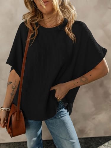 Batwing Tops for Women Half Sleeve Loose Fit Tunic Tops Ribbed Knit Oversized Dolman Sleeve T Shirts3