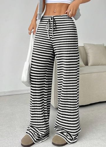 Image of Women's Casual Checkered Pants Drawstring Elastic Waist Comfy Loose Straight Wide Leg Plaid Pants with Pockets