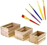 Set of 3 Small Wood Crates with 5 Piece Paint Brush Set