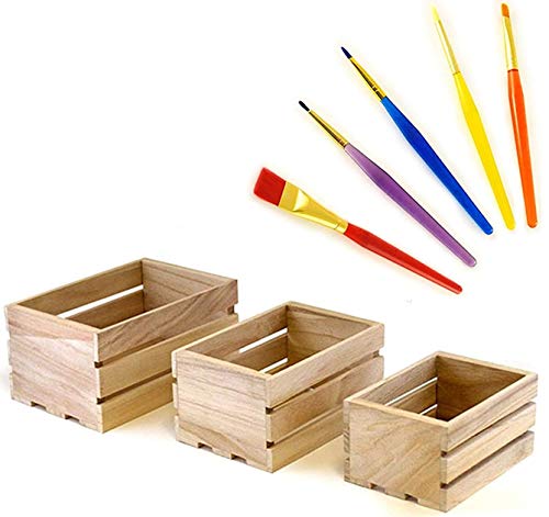 Set of 3 Small Wood crates with 5 Piece Paint Brush Set