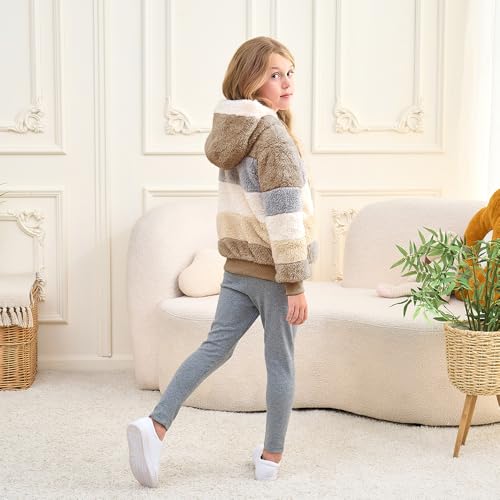 Image of Girls Zip up Hoodie Kids Fuzzy Fleece Jacket with hood Fall Winter Contrast color Pullover Sweatshirt 4-14 Years