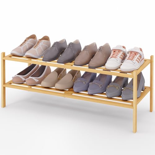Image of Smiry Bamboo Shoe Rack, 5 Horizontal Slats, 2 Tier - 33.9 inch Wide, Natural