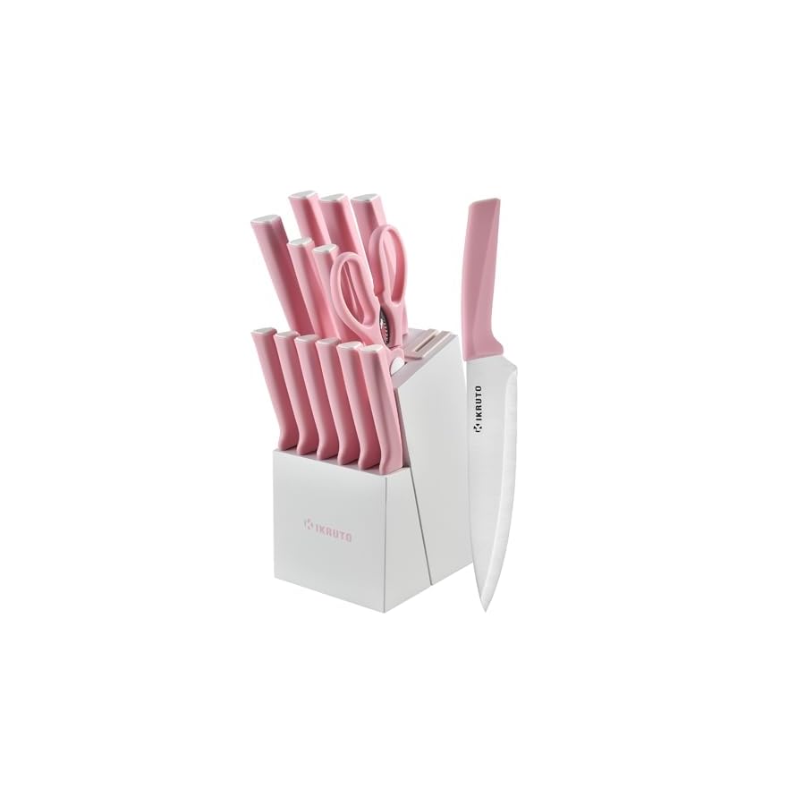 IKRUTO 15-Piece Kitchen Knife Set with Block, Built-in Sharpener, Anti-Slip Handle, Non-Slip Base – Professional Chef Knife Set for Effortless Cooking（Pink White）