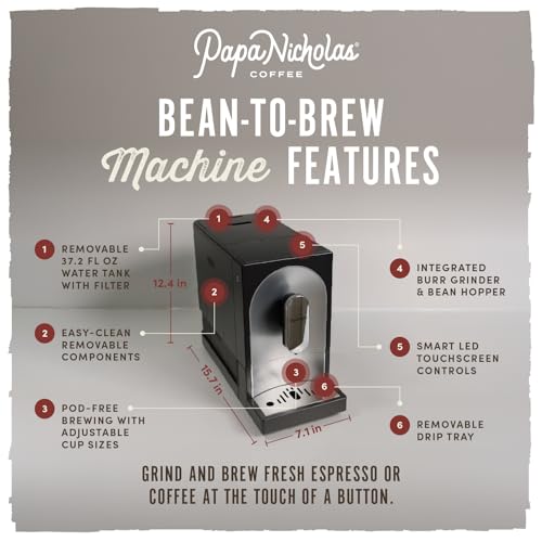 Image of Papanicholas Bean-to-Brew Automatic Espresso Machine with Built-In Burr Grinder, One-Touch Grind, 3oz Espresso to 8oz Coffee, Boost Button, 1-Yr Warranty, Silver
