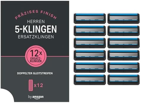 by Amazon Ersatzklingen für 5-Klingen-Rasierer für Herren, 12er-Pack, doppelte Gleitfunktion für empfindliche Haut