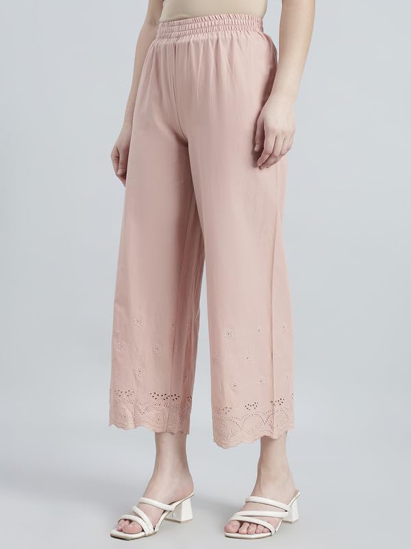 Image of GO COLORS Women Cotton Hakoba Wide Pant Ankle Length, Floral Embroidery, Relaxed Fit, Mid-Rise with Side Pocket
