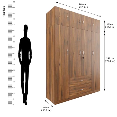 Image of VIKI Wardrobe | Wooden Almirah for Clothes,Door for Bedroom with Loft, 4 Door Wardrobe with Drawer, Mirror & Hanging Space (Brussel Walnut - 40D x 160W x 220H) | 1 Year Warranty | Free Assembly
