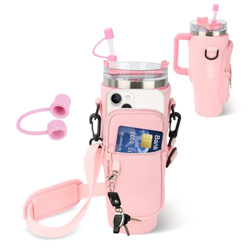 Sahunfri Bottle Bag for Stanley Cup 40oz Water Bottle Holder fits Stanley Cup with Silicone Straw Cover Adjustable Strap Phone Pocket Accessories for Stanley Cup for Walking Travel (Pink)