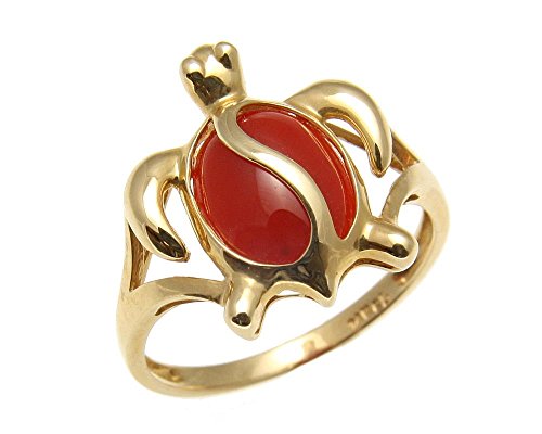 Genuine natural red coral ring Hawaiian honu turtle solid 14k yellow gold size 5 to 12